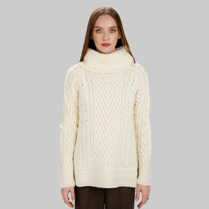 AWL118-Women's Merino Wool Irish Turtleneck Sweater White Front View Creative Irish Gift