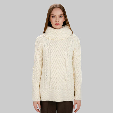 AWL118-Women's Merino Wool Irish Turtleneck Sweater White Front View Creative Irish Gift