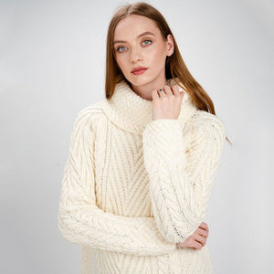 AWL118-Women's Merino Wool Irish Turtleneck Sweater White Studio Creative Irish Gift