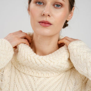 AWL118-Women's Merino Wool Irish Turtleneck Sweater White Front View Creative Irish Gift