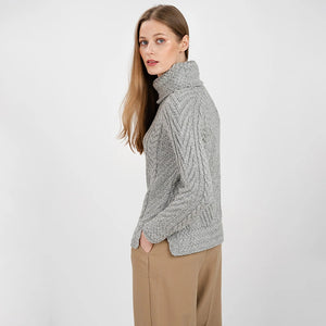  AWL118-303 Women's Aran Cowl Neck Sweater, Grey Side View Creative Irish Gifts
