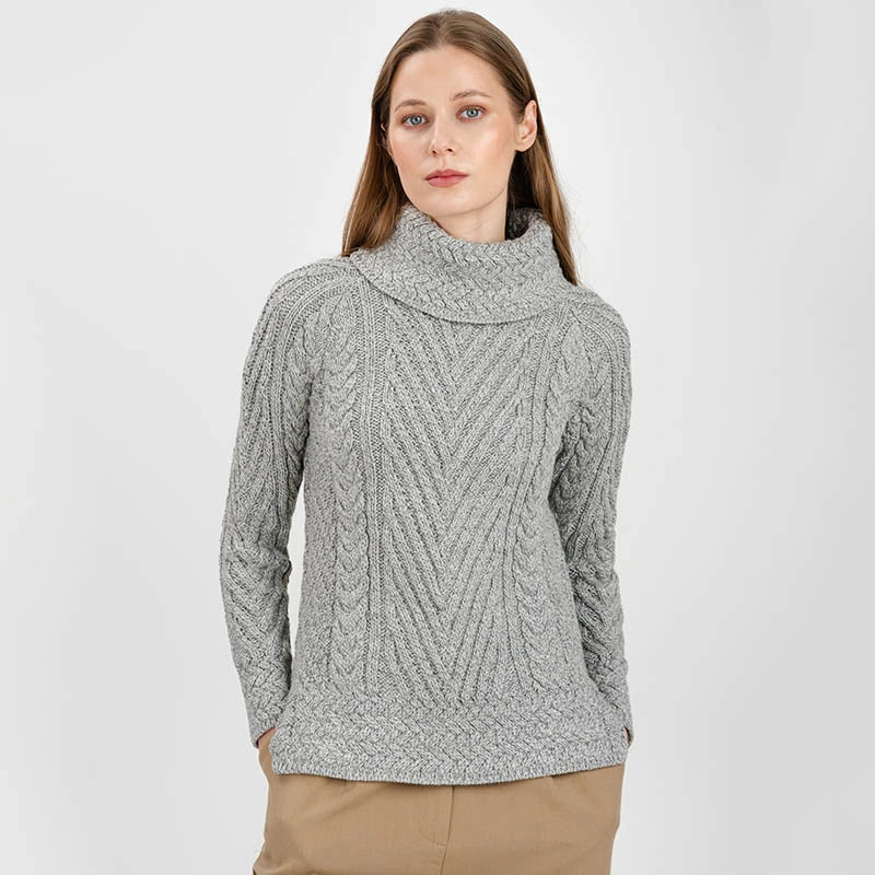  AWL118-303 Women's Aran Cowl Neck Sweater, Grey Creative Irish Gifts
