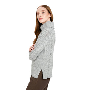  AWL118-303 Women's Aran Cowl Neck Sweater, Grey Side View Creative Irish Gifts
