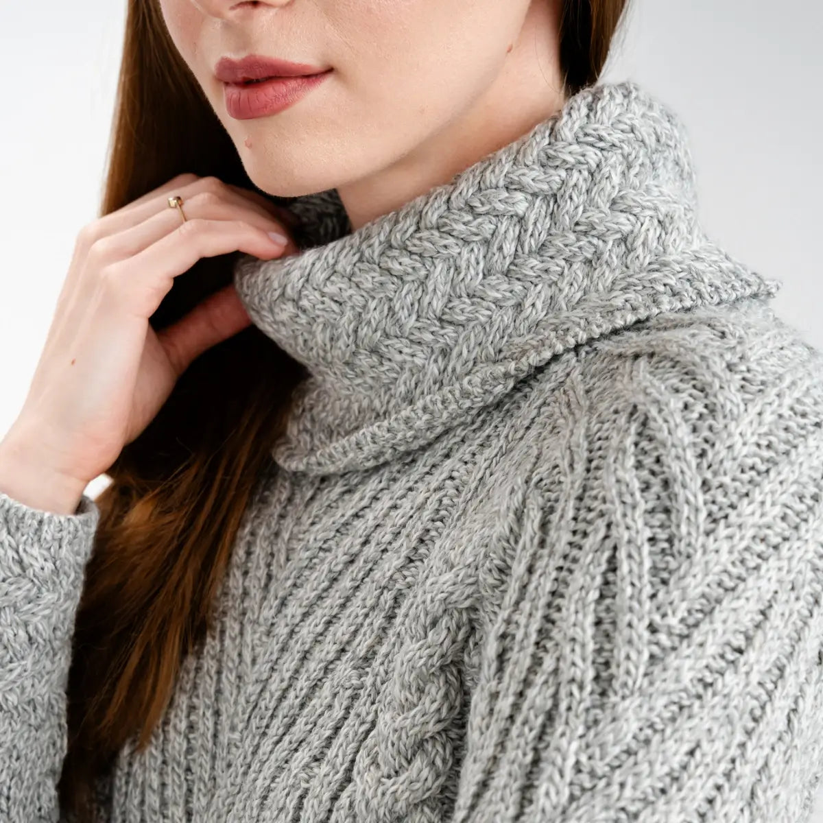  AWL118-303 Women's Aran Cowl Neck Sweater, Grey Close Up  Creative Irish Gifts
