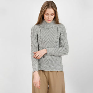 AWL118-Women's Merino Wool Irish Turtleneck Sweater Grey Front View Creative Irish Gift