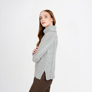 AWL118-Women's Merino Wool Irish Turtleneck Sweater Grey Side View Creative Irish Gift