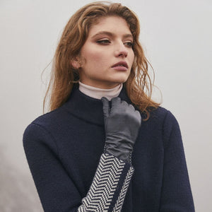 Women's Aran Knit Herringbone Coat, Navy Front View Creative Irish Gifts