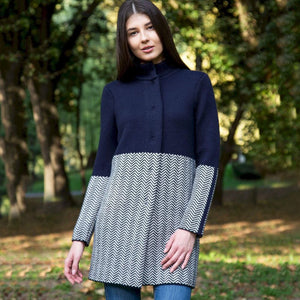 Women's Aran Knit Herringbone Coat, Navy Lifestyle Creative Irish Gifts