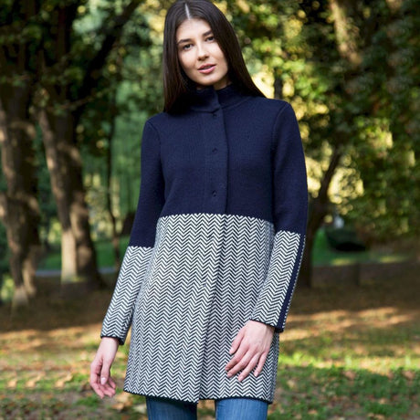 Women's Aran Knit Herringbone Coat, Navy Lifestyle Creative Irish Gifts