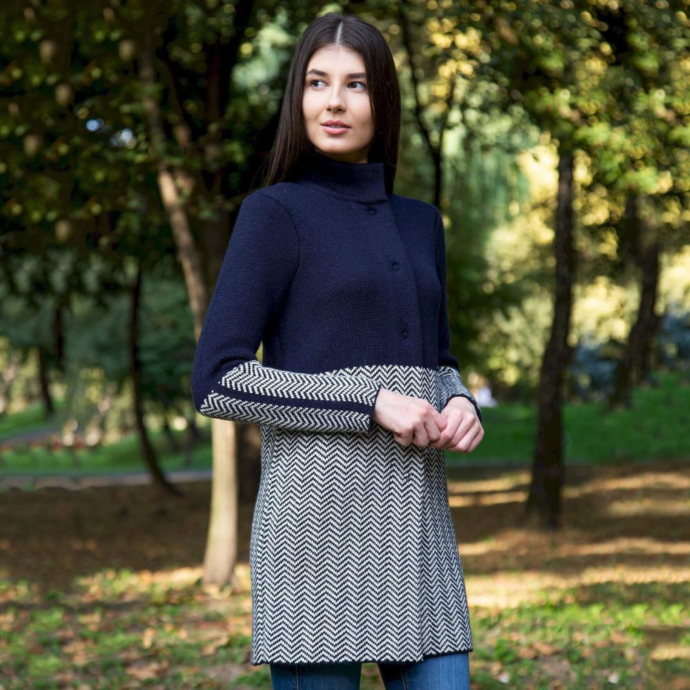 Women's Aran Knit Herringbone Coat, Navy Lifestyle side view Creative Irish Gifts