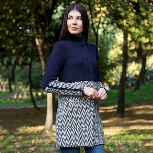 Women's Aran Knit Herringbone Coat, Navy Lifestyle side view Creative Irish Gifts