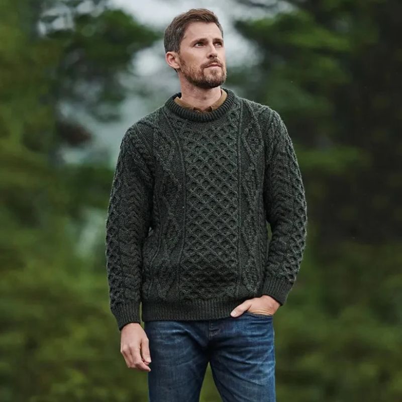Men's Traditional Wool Irish Aran Sweater Green Creative Irish Gifts