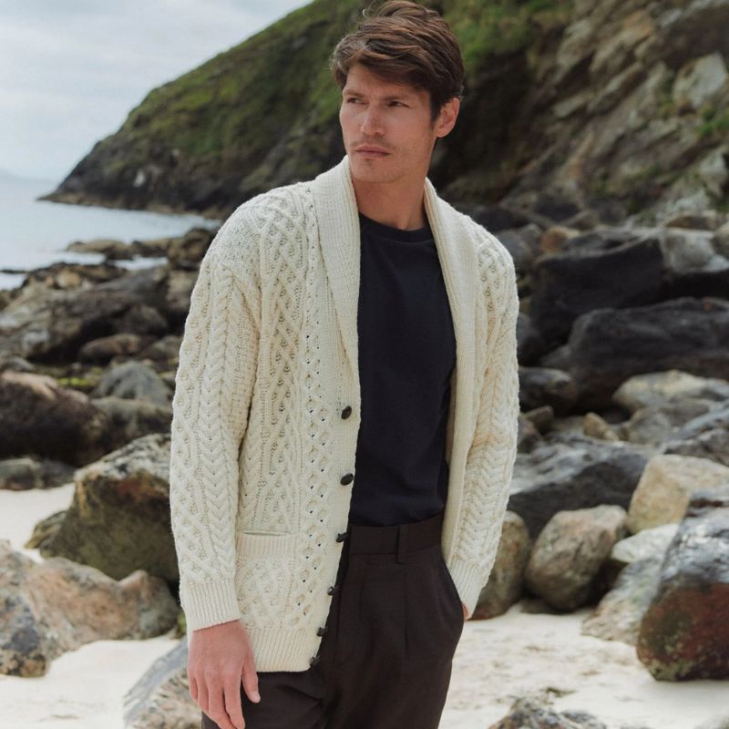 Men's Merino Shawl Collar Aran Cardigan