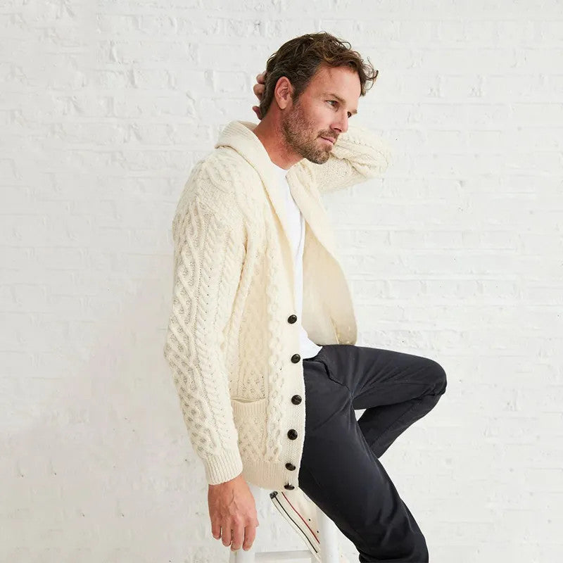 Men's Merino Shawl Collar Aran Cardigan