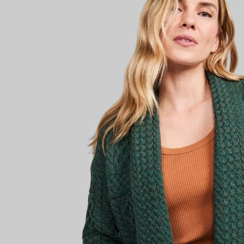 Women's Aran Merino Wool Shawl Green Studio Cardigan Creative Irish Gift