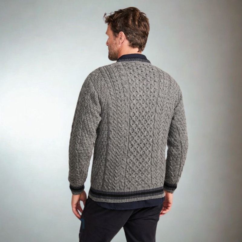 Men's Traditional Aran Crewneck Sweater Grey Back View Creative Irish Gift