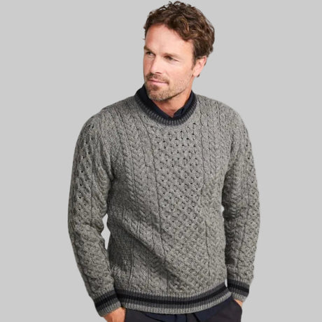 Men's Traditional Aran Crewneck Sweater Grey Creative Irish Gift