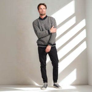 Men's Traditional Aran Crewneck Sweater Grey Studio Creative Irish Gift