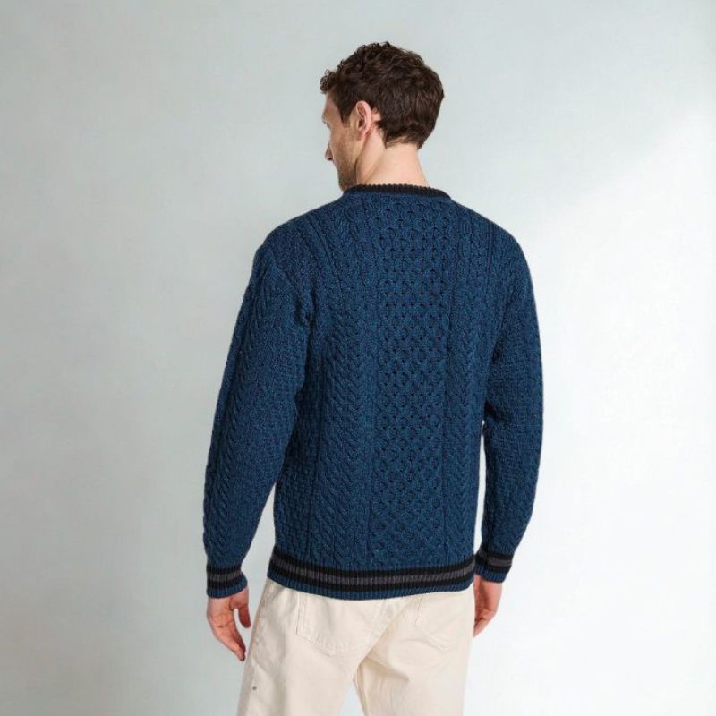 Men's Traditional Aran Crewneck Sweater Blue Back View Creative Irish Gift