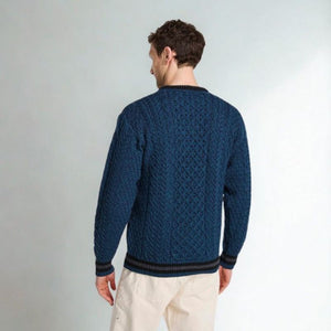 Men's Traditional Aran Crewneck Sweater Blue Back View Creative Irish Gift