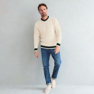 Men's Traditional Aran Crewneck Sweater White studio Creative Irish Gift