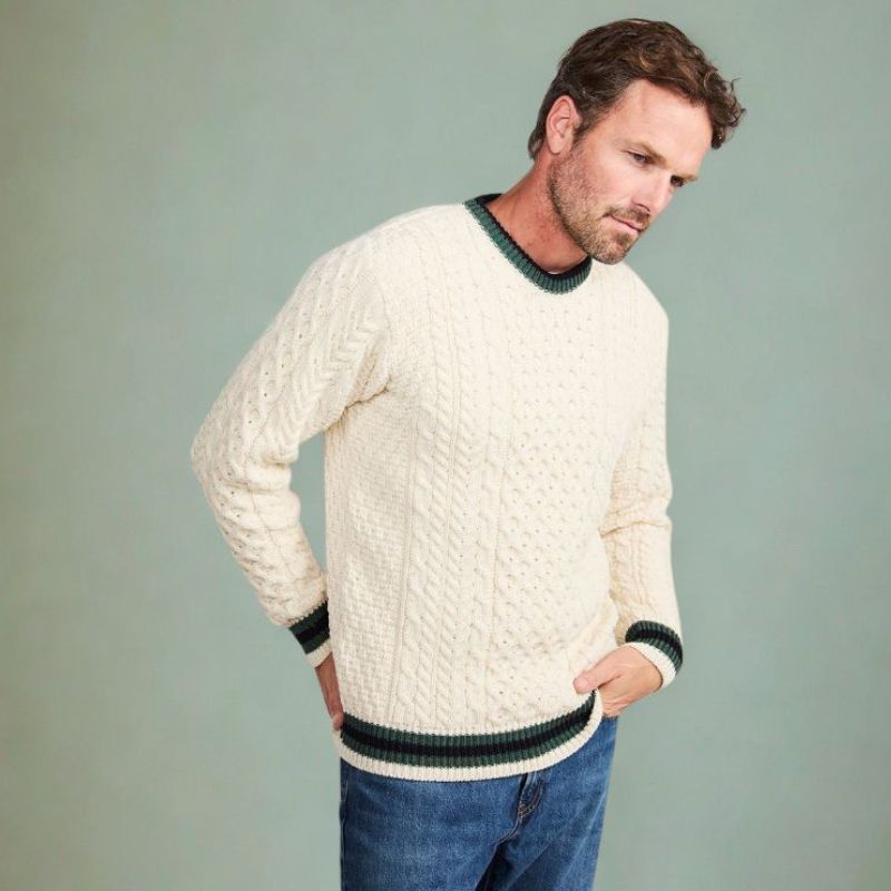 Men's Traditional Aran Crewneck Sweater White side view Creative Irish Gift