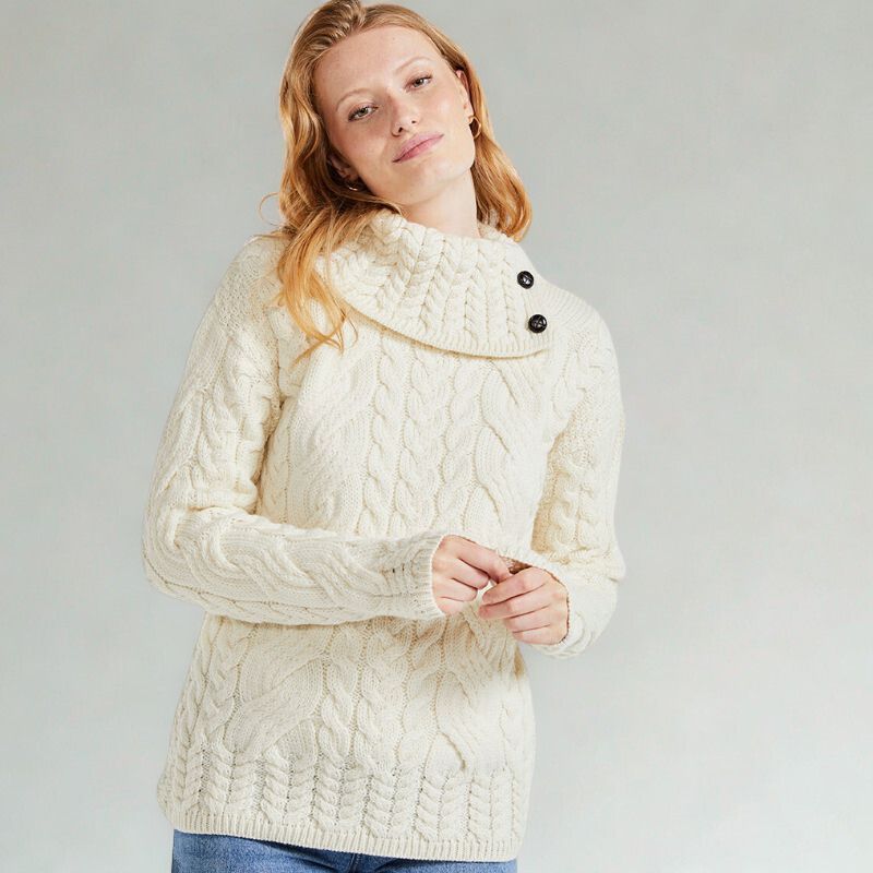 Merino Wool High Neck Sweater with Aran Patterns White Creative Irish Gift