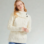 Merino Wool High Neck Sweater with Aran Patterns White Creative Irish Gift