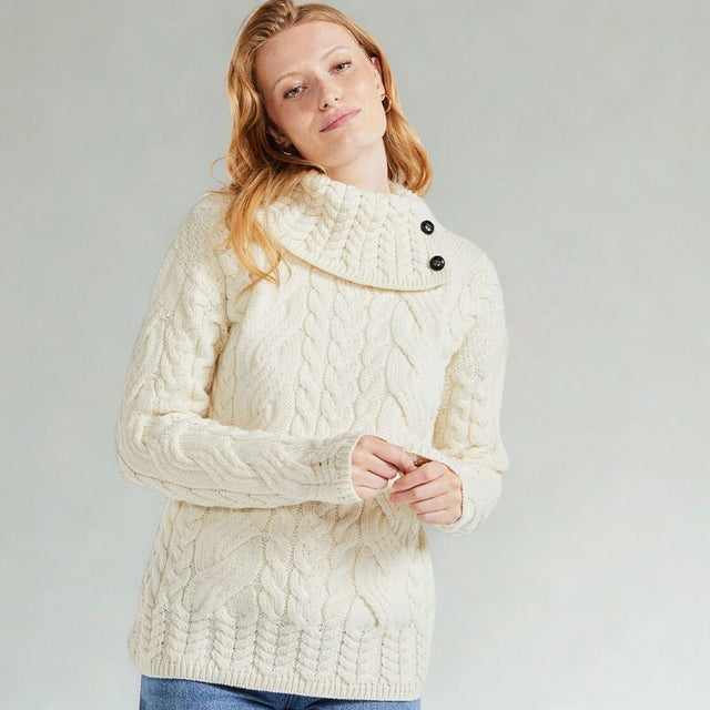 Merino Wool High Neck Sweater with Aran Patterns White Creative Irish Gift