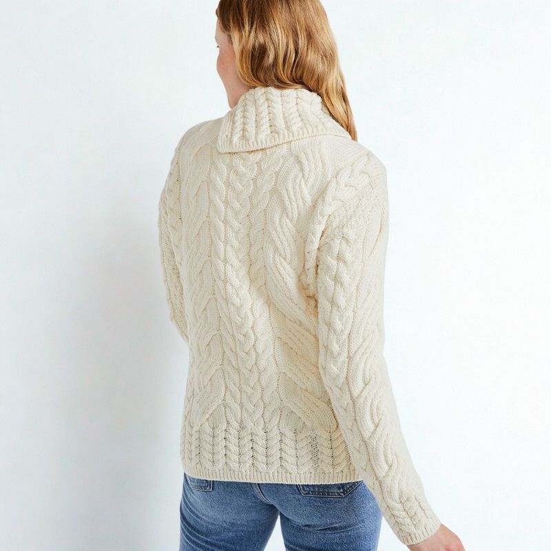 Merino Wool High Neck Sweater with Aran Patterns White Back View  Creative Irish Gift