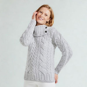 Merino Wool High Neck Sweater with Aran Patterns Grey Creative Irish Gift