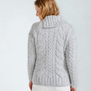 Merino Wool High Neck Sweater with Aran Patterns Grey Back View  Creative Irish Gift