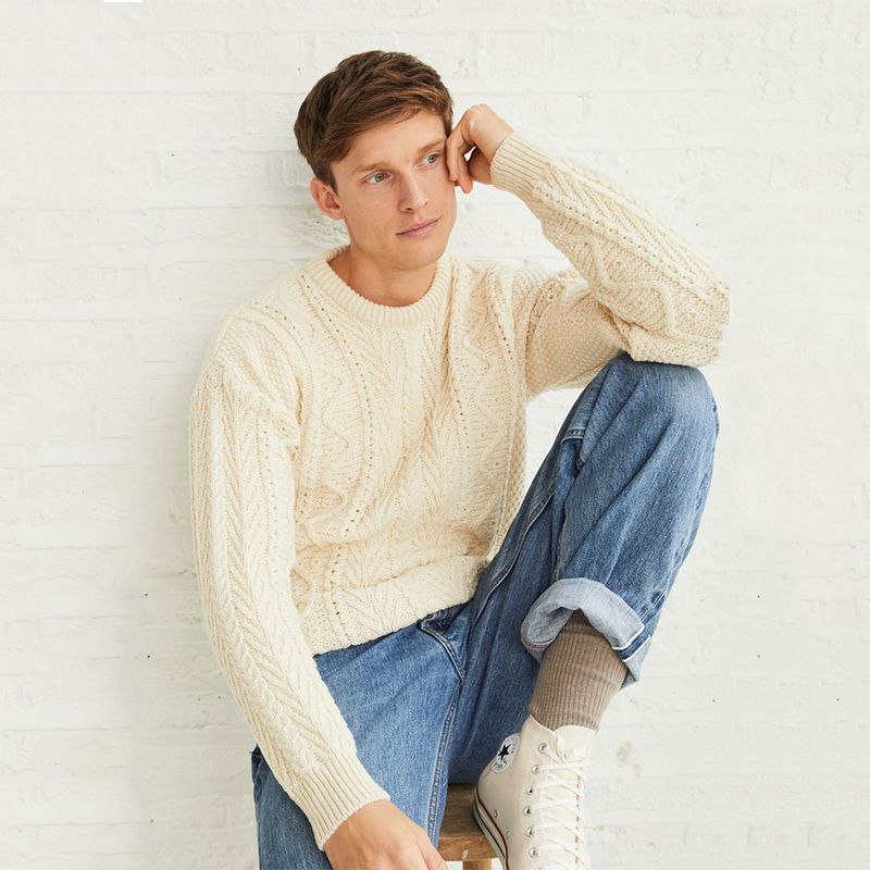 Men's Merino Wool Crew Neck Fisherman Sweater White front view Creative Irish Gifts
