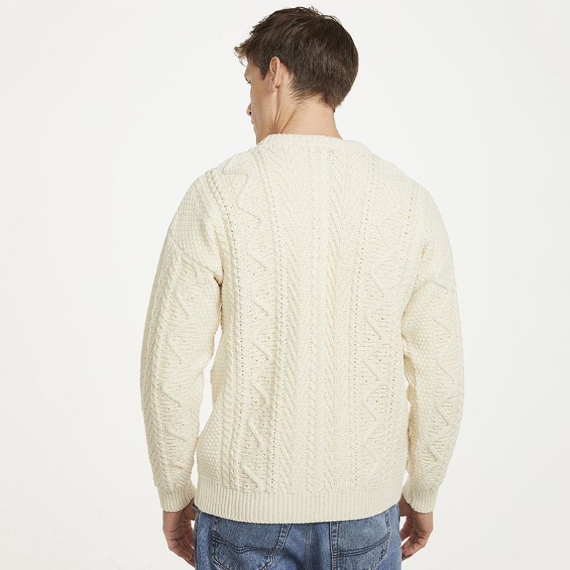  Men's Merino Wool Crew Neck Fisherman Sweater White Back View Creative Irish Gifts
