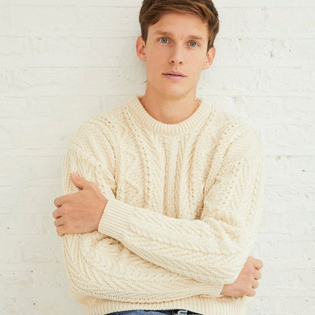 Men's Merino Wool Crew Neck Fisherman Sweater White Creative Irish Gifts
