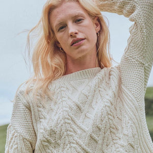 SuperSoft Merino Wool Aran Sweater with Side Slits White Creative Irish Gifts