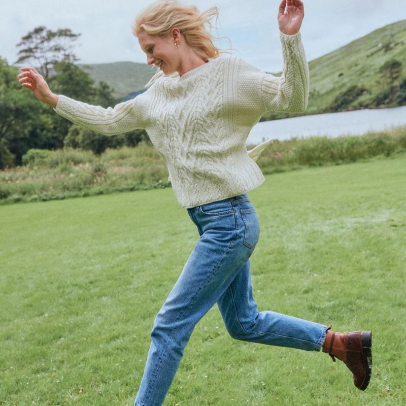 SuperSoft Merino Wool Aran Sweater with Side Slits White Lifestyle Creative Irish Gifts