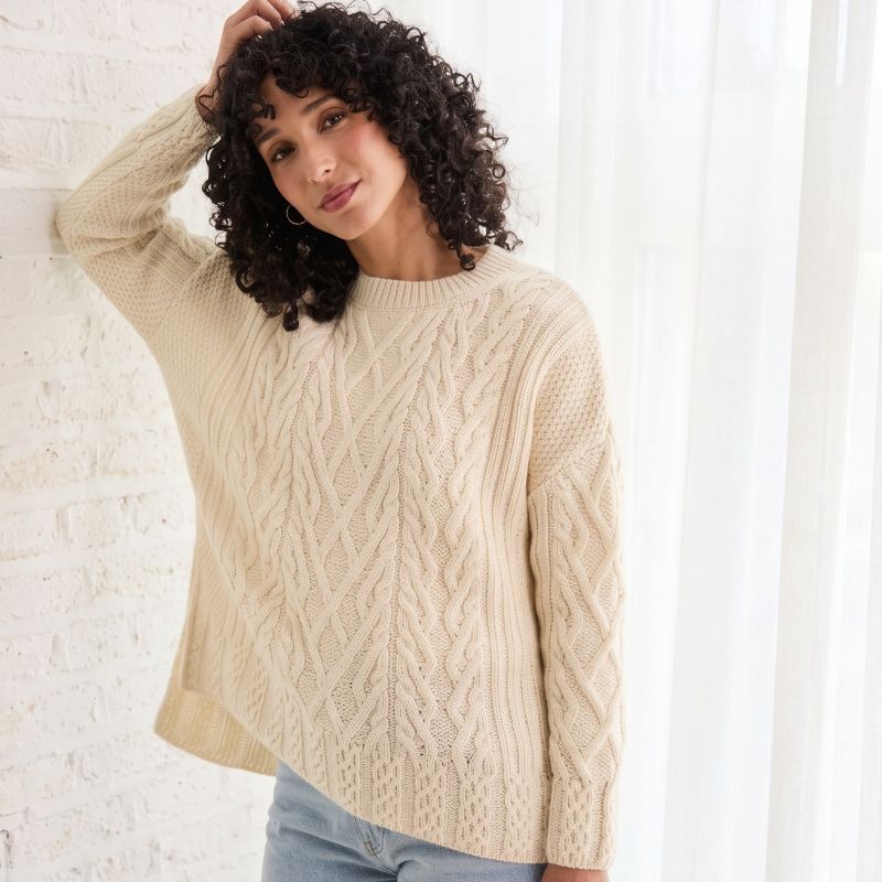 SuperSoft Merino Wool Aran Sweater with Side Slits White Creative Irish Gifts