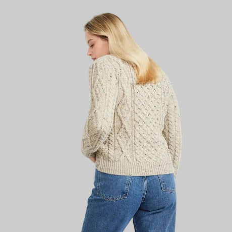 Women's Traditonal Aran Knitted Wool Cardigan Back View Creative Irish Gift