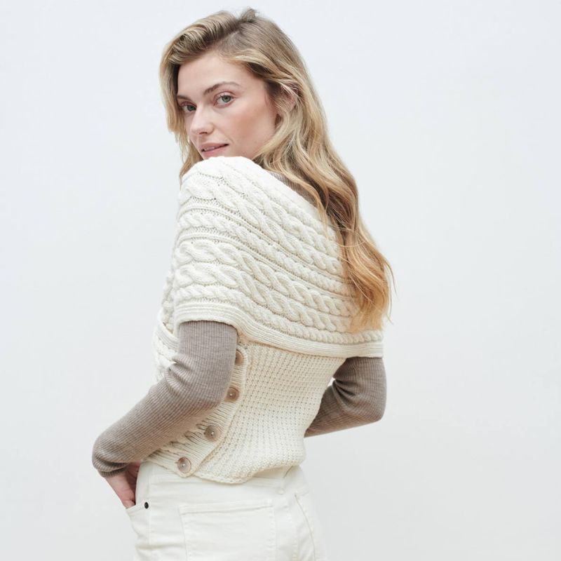  Aran Cable Merino Wool Wrap with Buttons White Back View Creative Irish Gift