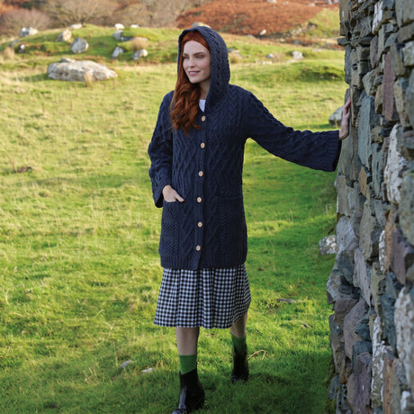 Patchwork Aran Knit Cardigan with Buttons Navy Creative Irish Gifts