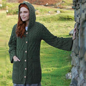 Patchwork Aran Knit Cardigan with Buttons Army Green Lifestyle Creative Irish Gifts
