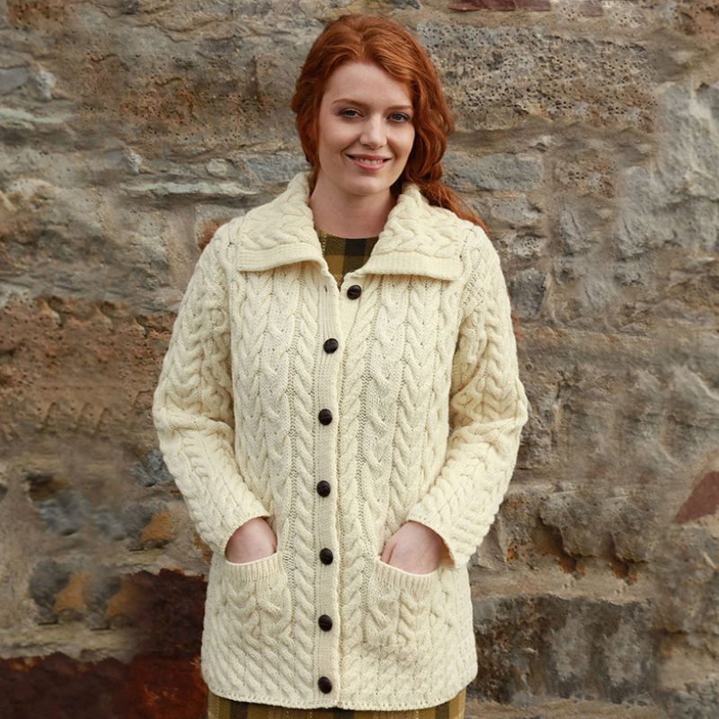 Women's Aran Cable Merino Wool Cardigan White Creative Irish Gifts