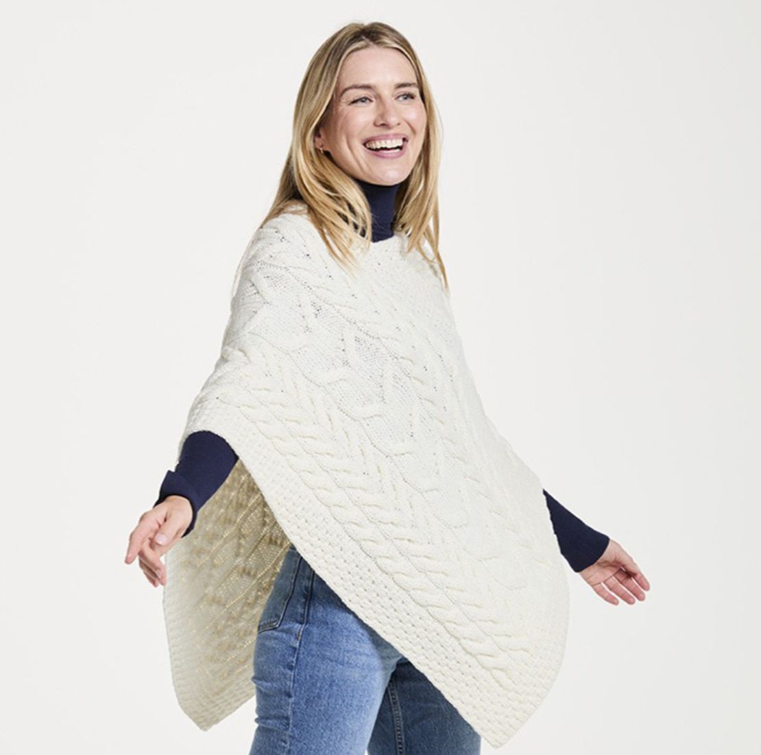 Aran Knit Merino Wool Poncho White side  Creative Irish Gift