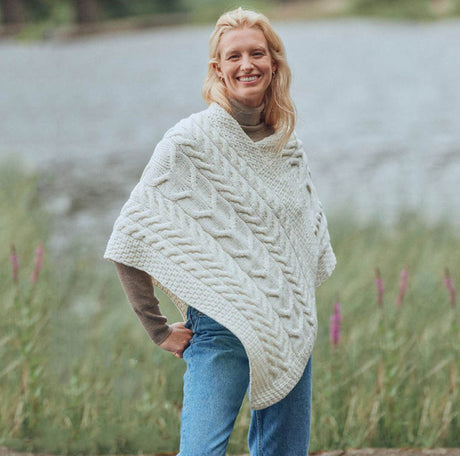 Aran Knit Merino Wool Poncho White Lifestyle Creative Irish Gift