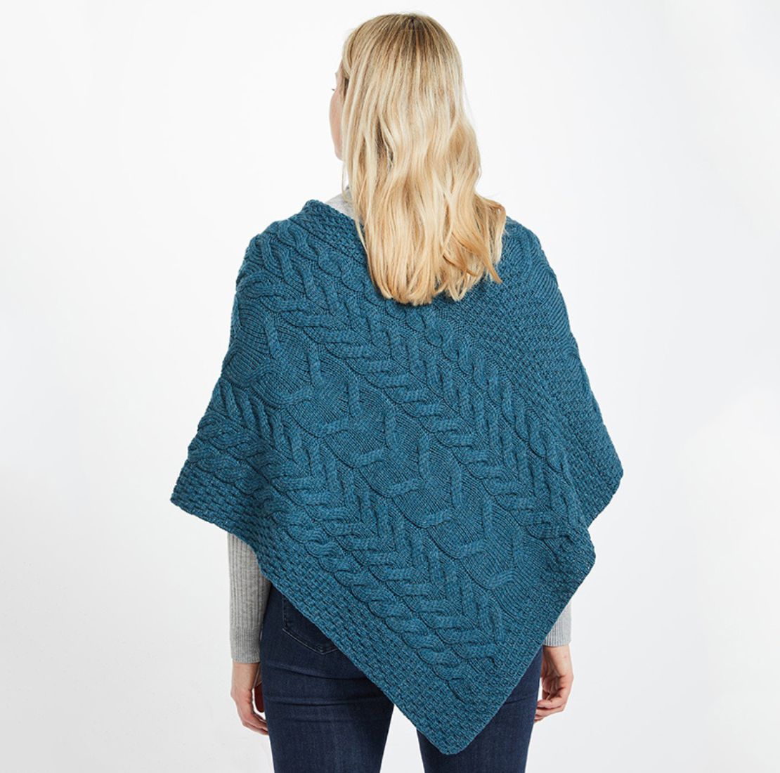 Aran Knit Merino Wool Poncho Teal Back View Creative Irish Gift