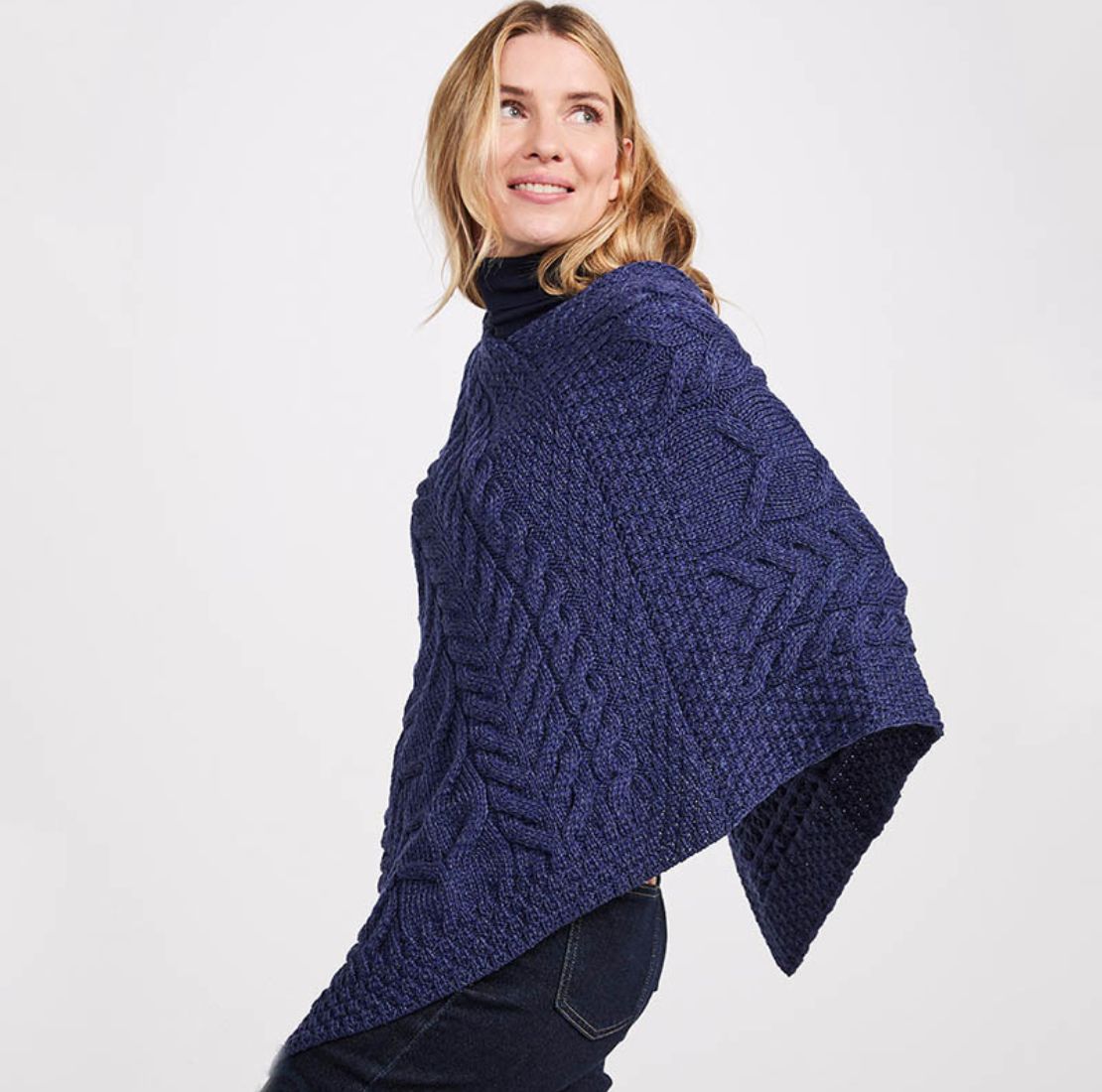 Aran Knit Merino Wool Poncho Blue Creative Irish Gift