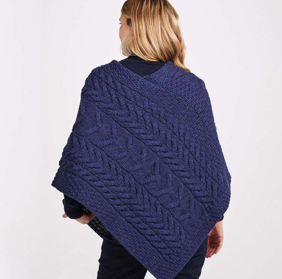 Aran Knit Merino Wool Poncho Blue Back View Creative Irish Gift 