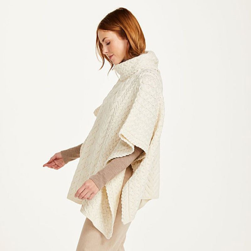 Aran Cable Knit Supersoft Wool Poncho White side view Creative Irish Gifts