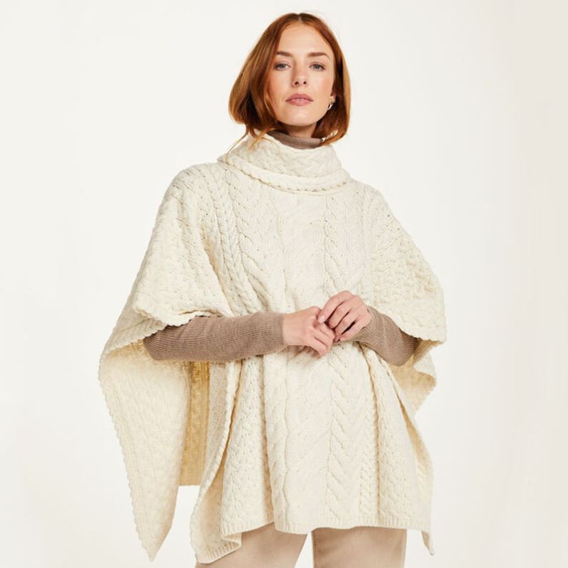 Aran Cable Knit Supersoft Wool Poncho White Creative Irish Gifts